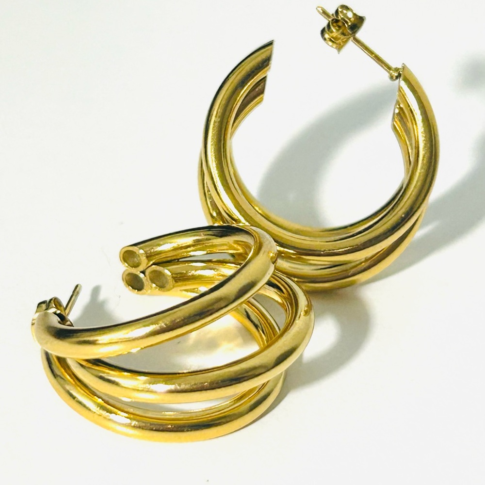 18k Gold Plated Stainless Steel Triple Hoop Small Earrings 1 inch in diameter